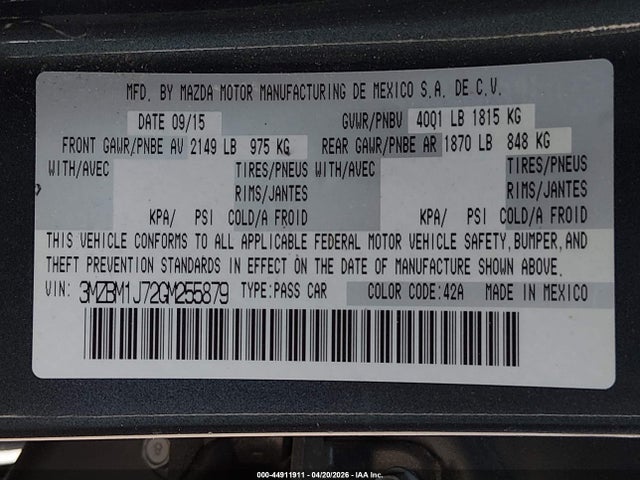 3MZBM1J72GM255879 Mazda Mazda3 I Sport