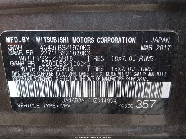 Продаж на аукціоні авто 2017 Mitsubishi Outlander Sport 2.0 Es/2.0 Le, vin: JA4AR3AU4HZ044954, номер лоту: 44911916