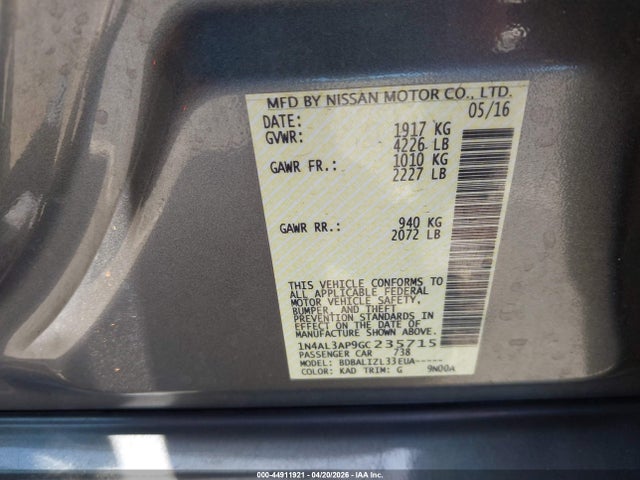 Продаж на аукціоні авто 2016 Nissan Altima 2.5 Sv, vin: 1N4AL3AP9GC235715, номер лоту: 44911921
