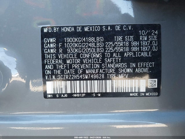 Aukcja sprzedaży 2025 Honda Hr-v Awd Sport, vin: 3CZRZ2H54SM749628, numer aukcji: 44911922