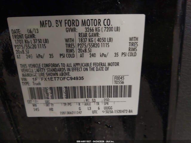 44911927 :رقم المزاد ، 1FTFX1ET7DFC94935 vin ، 2013 Ford F-150 Lariat مزاد بيع