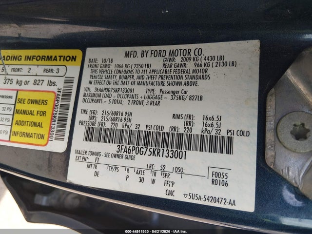 Aukcja sprzedaży 2019 Ford Fusion S, vin: 3FA6P0G75KR133001, numer aukcji: 44911930