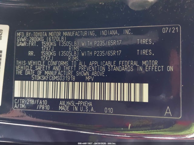 Toyota SIENNA LE 2021 5TDKSKFC6MS031918 Image 9