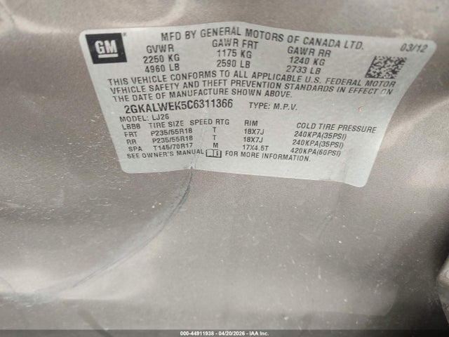 Aukcja sprzedaży 2012 Gmc Terrain Slt-2, vin: 2GKALWEK5C6311366, numer aukcji: 44911938
