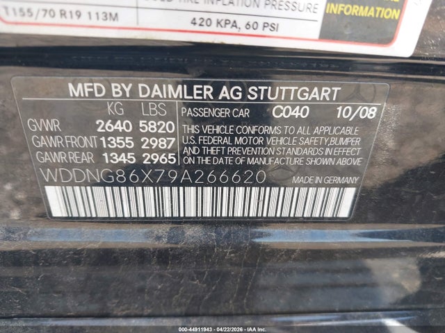 44911943 :رقم المزاد ، WDDNG86X79A266620 vin ، 2009 Mercedes-benz S 550 4matic مزاد بيع