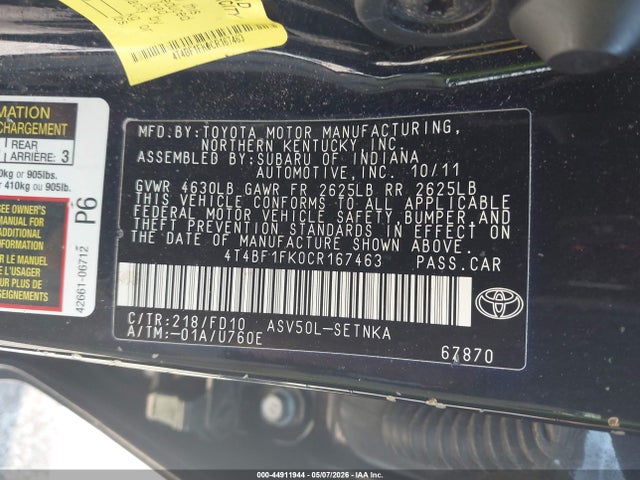 Продажа на аукционе авто 2012 Toyota Camry Le, vin: 4T4BF1FK0CR167463, номер лота: 44911944