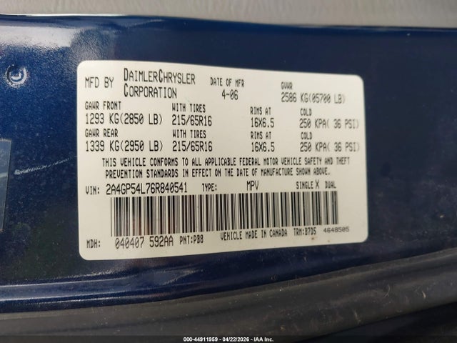 2006 Chrysler Town & Country Touring მანქანა იყიდება აუქციონზე, vin: 2A4GP54L76R840541, აუქციონის ნომერი: 44911959
