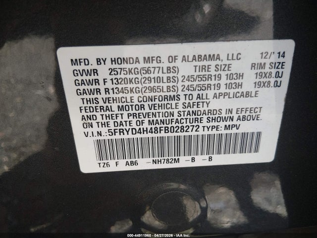 44911960 :رقم المزاد ، 5FRYD4H48FB028272 vin ، 2015 Acura Mdx Technology Package مزاد بيع