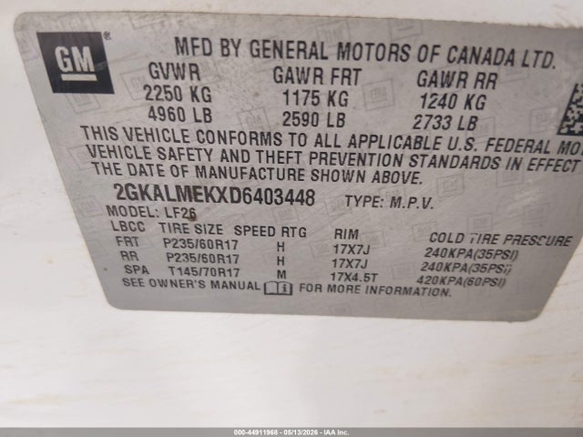 Aukcja sprzedaży 2013 Gmc Terrain Sle-1, vin: 2GKALMEKXD6403448, numer aukcji: 44911968