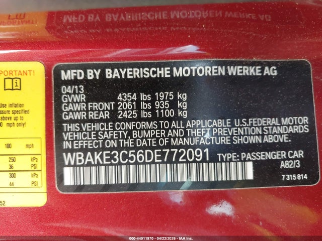 44911970 :رقم المزاد ، WBAKE3C56DE772091 vin ، 2013 Bmw 328i مزاد بيع