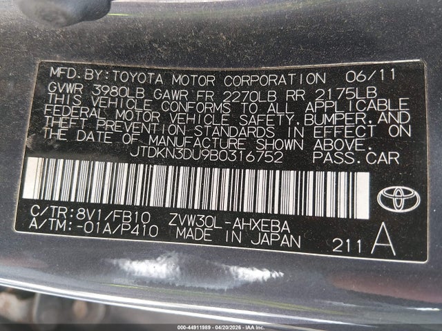 2011 Toyota Prius Two მანქანა იყიდება აუქციონზე, vin: JTDKN3DU9B0316752, აუქციონის ნომერი: 44911989