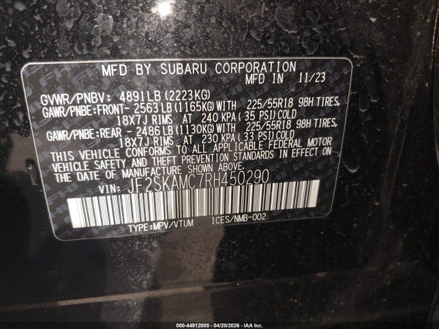 44912005 :رقم المزاد ، JF2SKAMC7RH450290 vin ، 2024 Subaru Forester Touring مزاد بيع
