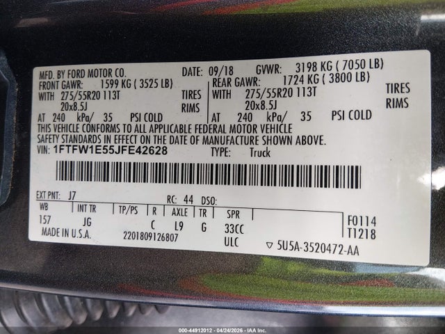 Aukcja sprzedaży 2018 Ford F-150 Xl, vin: 1FTFW1E55JFE42628, numer aukcji: 44912012