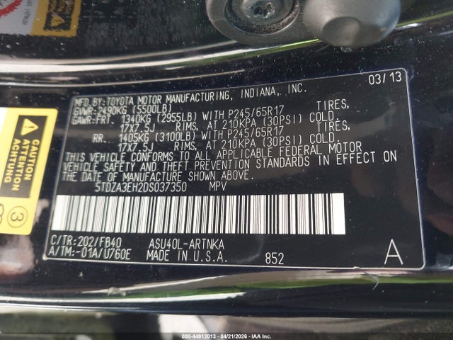 Продажа на аукционе авто 2013 Toyota Highlander, vin: 5TDZA3EH2DS037350, номер лота: 44912013