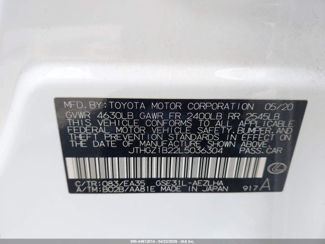 Aukcja sprzedaży 2020 Lexus Is 350, vin: JTHGZ1B22L5036304, numer aukcji: 44912014