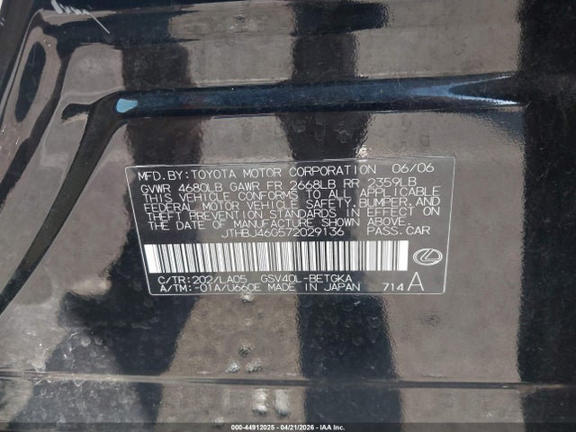44912025 :رقم المزاد ، JTHBJ46G572029136 vin ، 2007 Lexus Es 350 مزاد بيع
