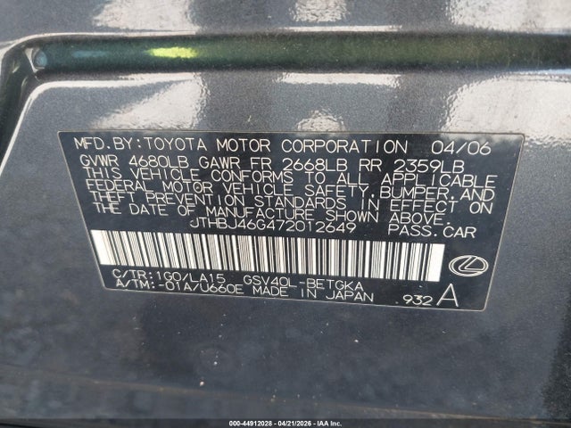 Продажа на аукционе авто 2007 Lexus Es 350, vin: JTHBJ46G472012649, номер лота: 44912028