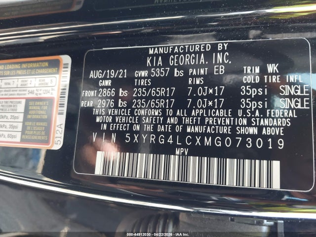 2021 Kia Sorento Lx მანქანა იყიდება აუქციონზე, vin: 5XYRG4LCXMG073019, აუქციონის ნომერი: 44912030