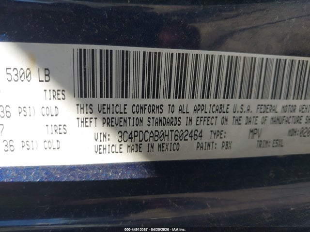 Aukcja sprzedaży 2017 Dodge Journey Se, vin: 3C4PDCAB0HT602464, numer aukcji: 44912057