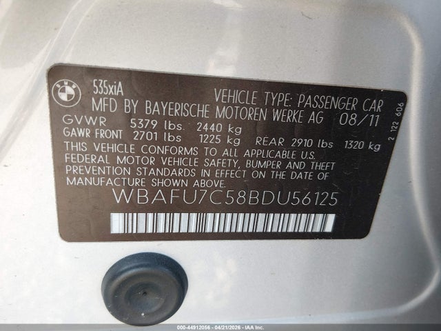 Продажа на аукционе авто 2011 Bmw 535i Xdrive, vin: WBAFU7C58BDU56125, номер лота: 44912056