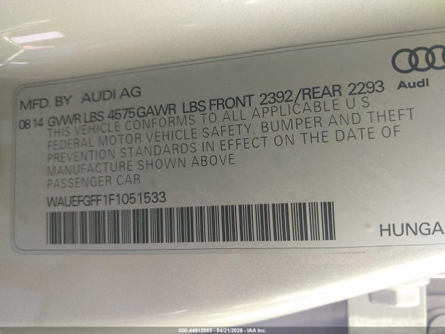 44912083 :رقم المزاد ، WAUEFGFF1F1051533 vin ، 2015 Audi A3 2.0t Premium مزاد بيع