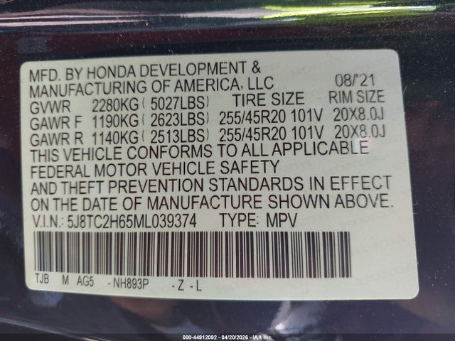 Aukcja sprzedaży 2021 Acura Rdx A-spec Package, vin: 5J8TC2H65ML039374, numer aukcji: 44912092