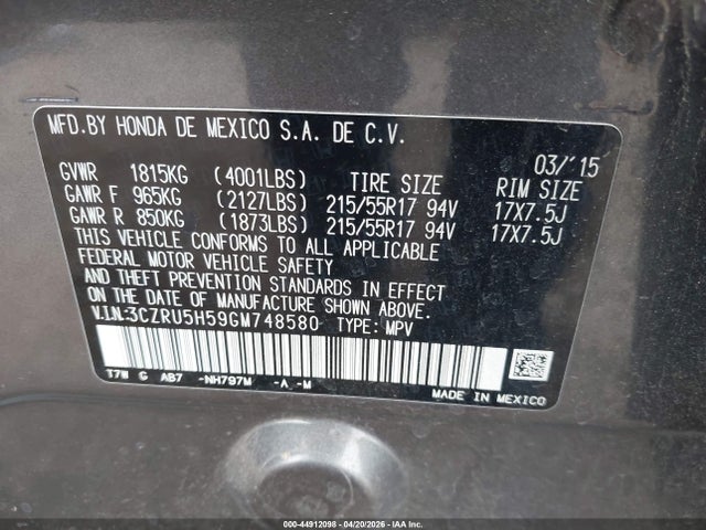 Продаж на аукціоні авто 2016 Honda Hr-v Ex, vin: 3CZRU5H59GM748580, номер лоту: 44912098