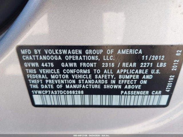 44912106 :رقم المزاد ، 1VWCP7A37DC068288 vin ، 2013 Volkswagen Passat 2.5l Sel Premium مزاد بيع