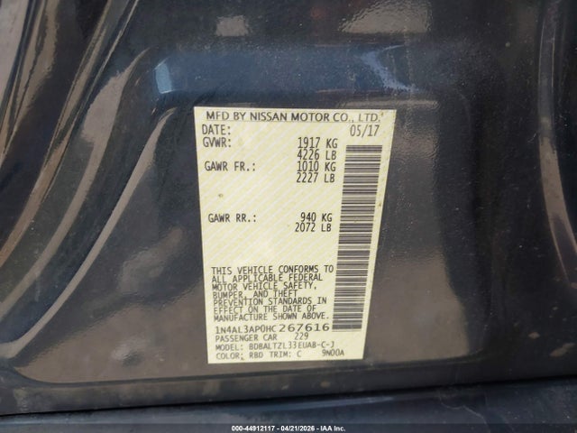 Aukcja sprzedaży 2017 Nissan Altima 2.5 Sl, vin: 1N4AL3AP0HC267616, numer aukcji: 44912117