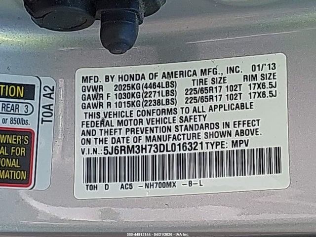 44912144 :رقم المزاد ، 5J6RM3H73DL016321 vin ، 2013 Honda Cr-v Ex-l مزاد بيع