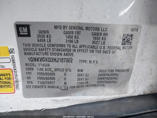 44912157 :رقم المزاد ، 1GNKVGKD2HJ187662 vin ، 2017 Chevrolet Traverse 1lt مزاد بيع