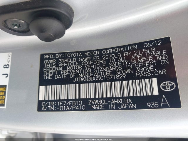 Aukcja sprzedaży 2012 Toyota Prius Three, vin: JTDKN3DU5C1571829, numer aukcji: 44912158