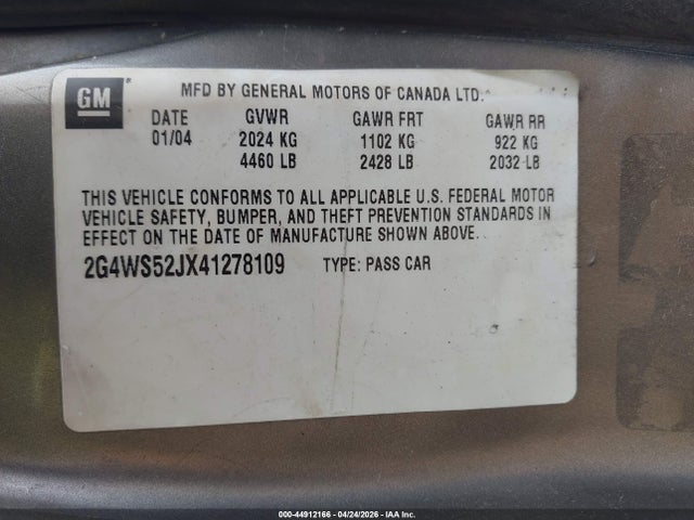Продажа на аукционе авто 2004 Buick Century, vin: 2G4WS52JX41278109, номер лота: 44912166