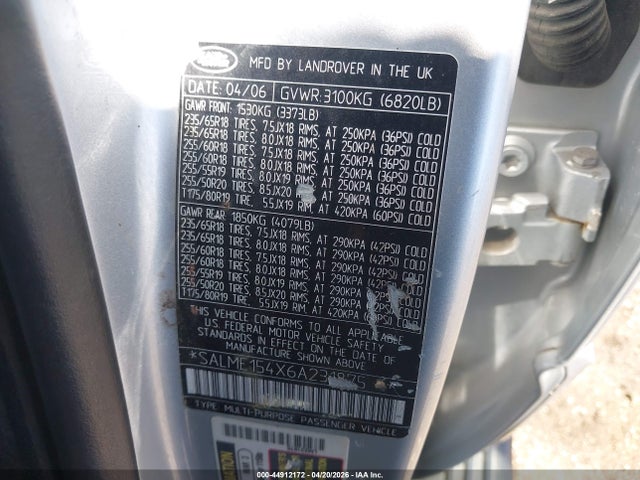 Aukcja sprzedaży 2006 Land Rover Range Rover Hse, vin: SALME154X6A231875, numer aukcji: 44912172