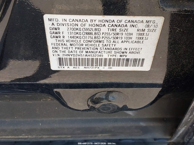 44912175 :رقم المزاد ، 2HNYD2H51AH532349 vin ، 2010 Acura Mdx Advance Package مزاد بيع