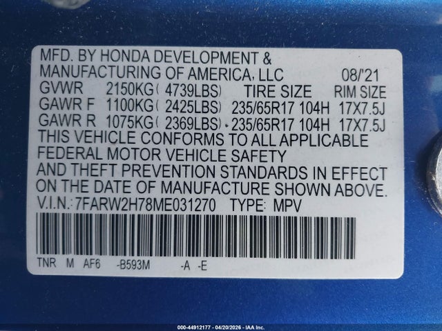 44912177 :رقم المزاد ، 7FARW2H78ME031270 vin ، 2021 Honda Cr-v Awd Special Edition مزاد بيع