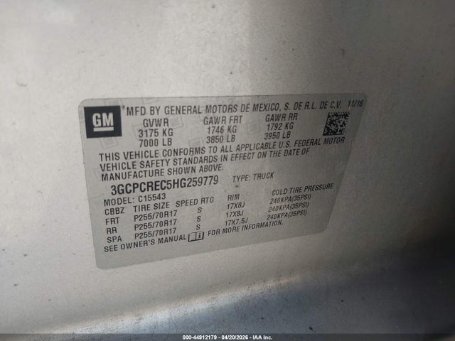 Продажа на аукционе авто 2017 Chevrolet Silverado C1500 Lt, vin: 3GCPCREC5HG259779, номер лота: 44912179