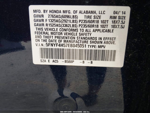 2014 Honda Pilot Ex-l მანქანა იყიდება აუქციონზე, vin: 5FNYF4H57EB045051, აუქციონის ნომერი: 44912208