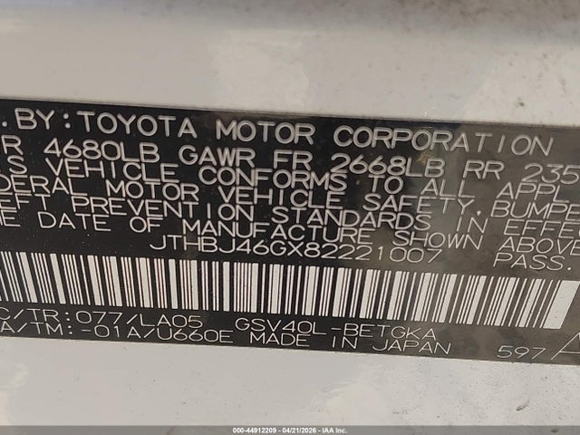 Продаж на аукціоні авто 2008 Lexus Es 350, vin: JTHBJ46GX82221007, номер лоту: 44912209