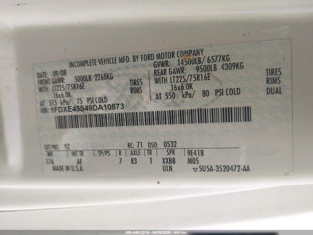 44912216 :رقم المزاد ، 1FDXE45S49DA10873 vin ، 2009 Ford E-450 Cutaway مزاد بيع