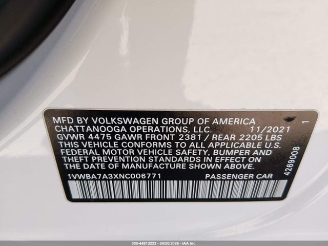44912223 :رقم المزاد ، 1VWBA7A3XNC006771 vin ، 2022 Volkswagen Passat 2.0t Limited Edition مزاد بيع