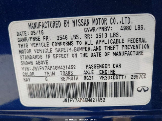 44912233 :رقم المزاد ، JN1FV7AP4GM421452 vin ، 2016 Infiniti Q50 3.0t Red Sport 400 مزاد بيع
