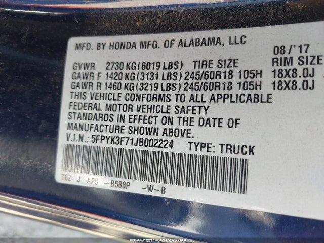 44912237 :رقم المزاد ، 5FPYK3F71JB002224 vin ، 2018 Honda Ridgeline Rtl-e مزاد بيع
