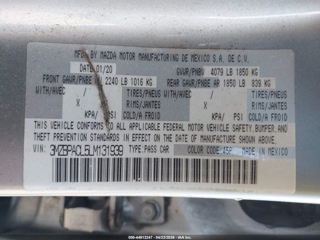 44912247 :رقم المزاد ، 3MZBPACL5LM131939 vin ، 2020 Mazda Mazda3 Select Package مزاد بيع