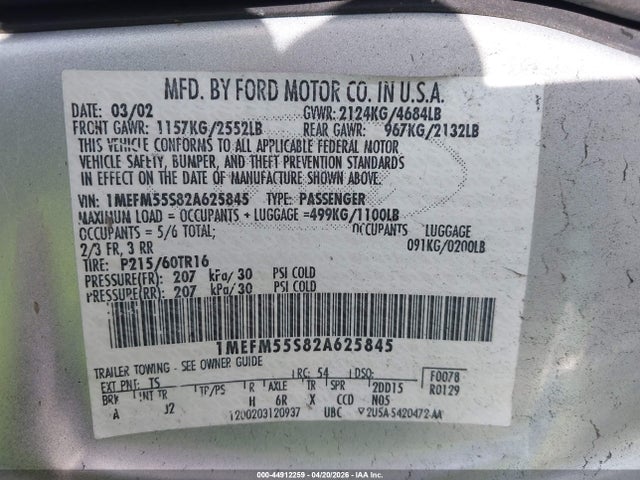 Продажа на аукционе авто 2002 Mercury Sable Ls Premium, vin: 1MEFM55S82A625845, номер лота: 44912259