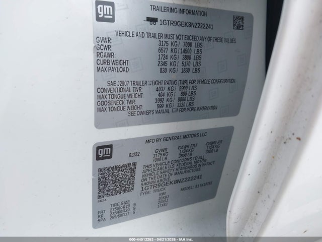44912263 :رقم المزاد ، 1GTR9GEK8NZ222241 vin ، 2022 Gmc Sierra 1500 Limited 4wd  Standard Box Elevation With 3vl مزاد بيع