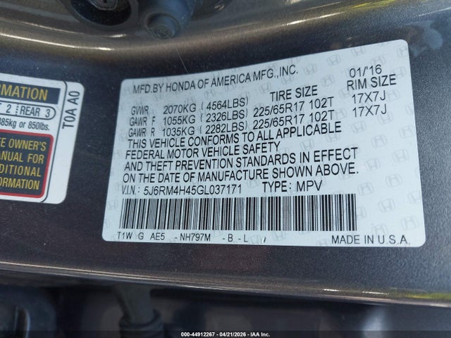 Aukcja sprzedaży 2016 Honda Cr-v Se, vin: 5J6RM4H45GL037171, numer aukcji: 44912267