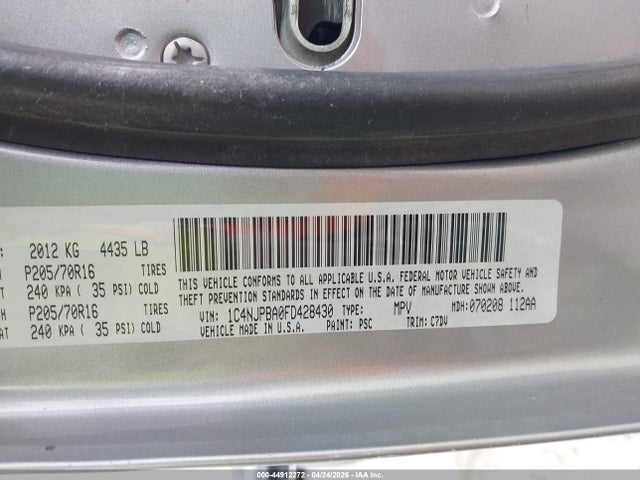 2015 Jeep Patriot Sport მანქანა იყიდება აუქციონზე, vin: 1C4NJPBA0FD428430, აუქციონის ნომერი: 44912272