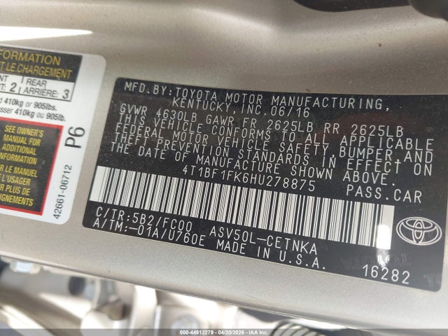 Aukcja sprzedaży 2017 Toyota Camry Le, vin: 4T1BF1FK6HU278875, numer aukcji: 44912279