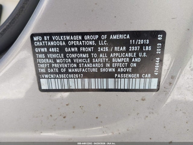 44912282 :رقم المزاد ، 1VWCN7A35EC052517 vin ، 2014 Volkswagen Passat 2.0l Tdi Sel Premium مزاد بيع